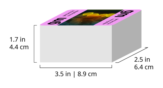 A deck with labeled dimensions. 3.5 inches by 2.5 inches by 1.7 inches.